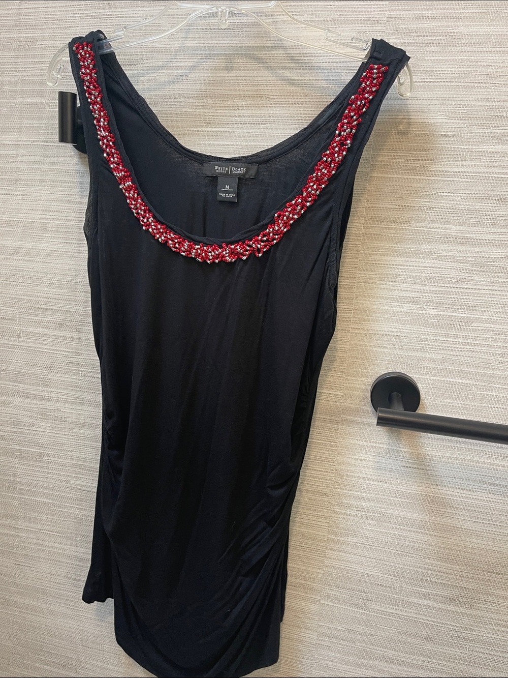 White House Black Market Black Tank with Red Beaded Braided Neckline